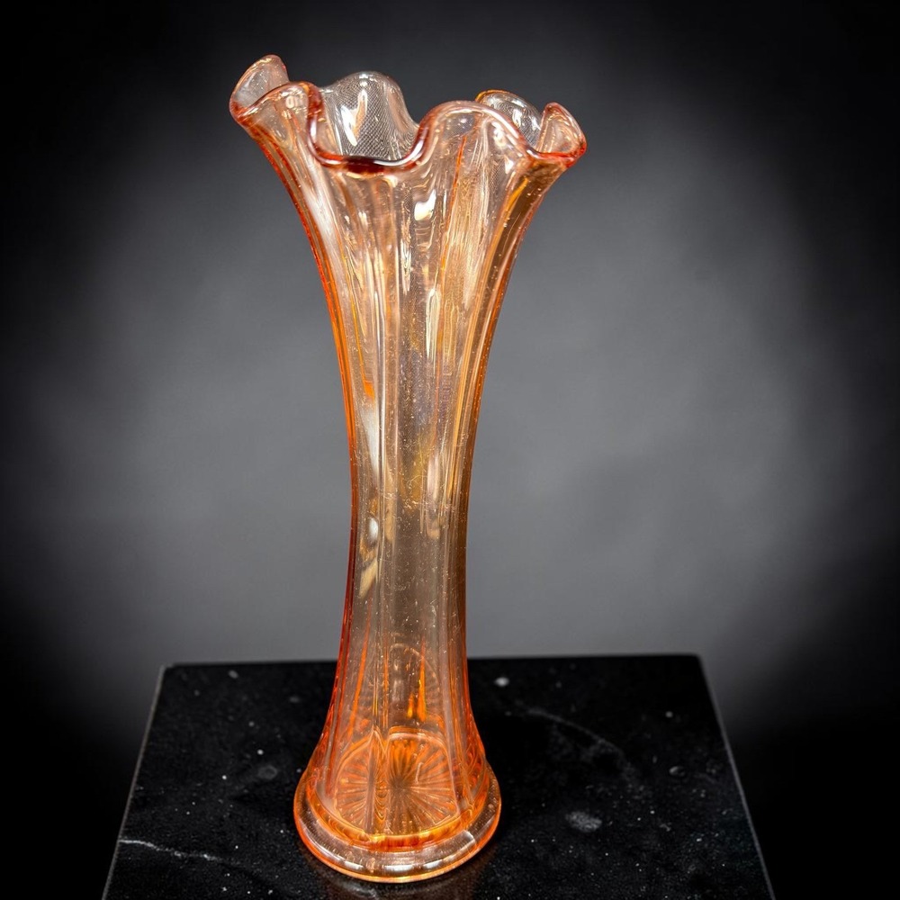 Vintage Pink Stretched Glass Swing Vase 9.5 Inch Ruffled Handkerchief Rim MCM